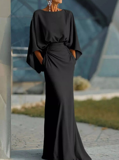 Batwing ruched maxi dress in black by Pinup Girl Clothing.