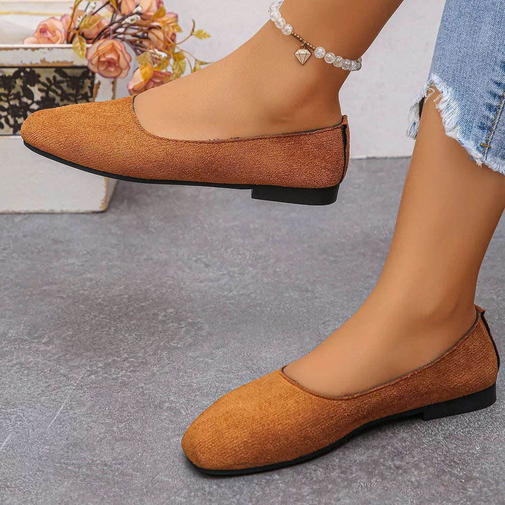 Audrey round toe ballet flats in camel, side view