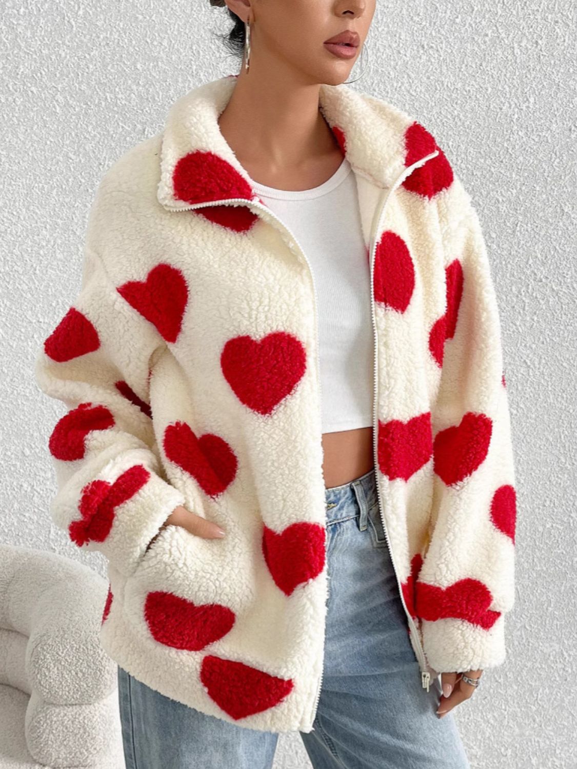 Aria Heart Zip Up Drop Shoulder Furry Jacket | 3 Colors