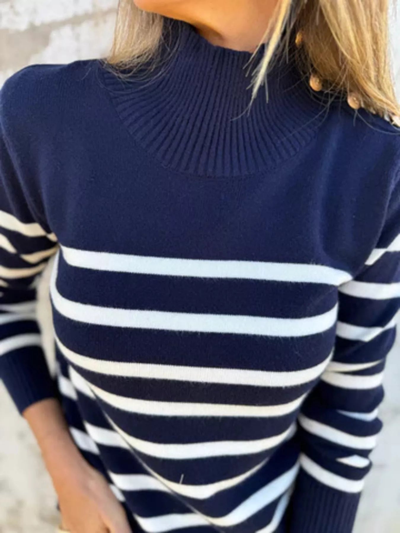 Marquee stripe button-detail turtleneck sweater in dark blue by Pinup Girl Clothing