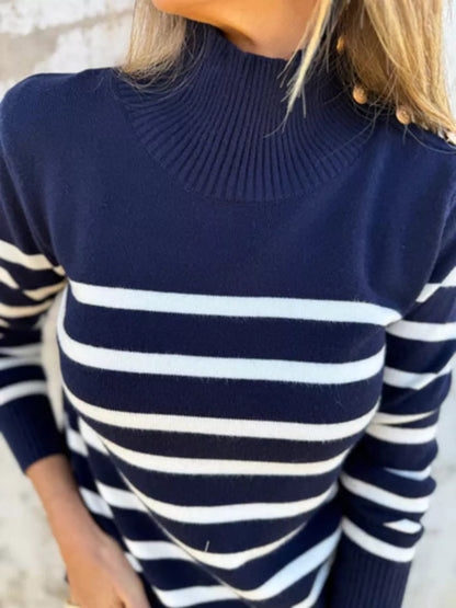 Marquee stripe button-detail turtleneck sweater in dark blue by Pinup Girl Clothing