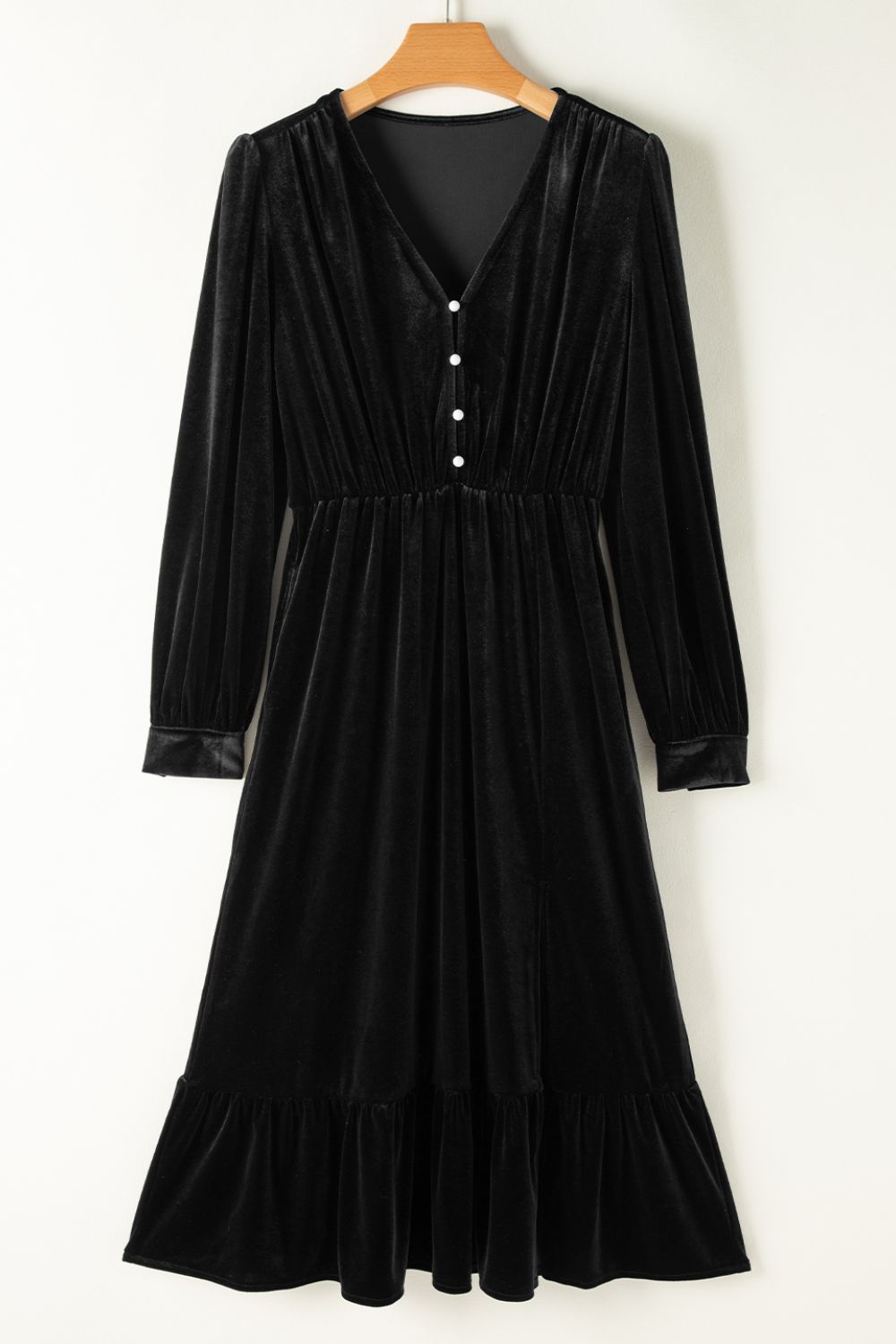 Ruffle Hem Slit V-Neck Long Sleeve Dress | 2 colors | Poundton