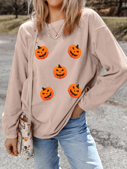 Great Pumpkin drop shoulder sweatshirt in taupe brown by Pinup Girl Clothing