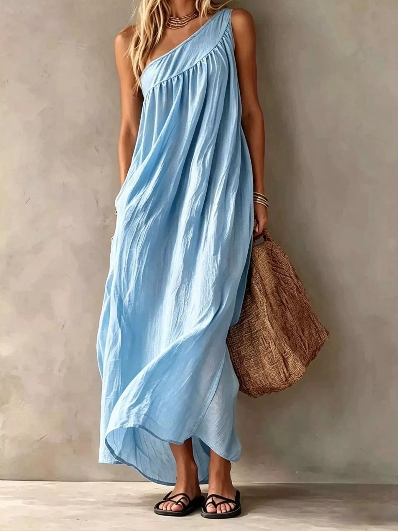 Delphine One-Shoulder Maxi Dress in Light Blue by Pinup Girl Clothing