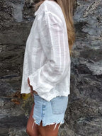 Floral embroidered button-up top for beach to dinner, by Pinup Girl Clothing, sizes XS to 4X.