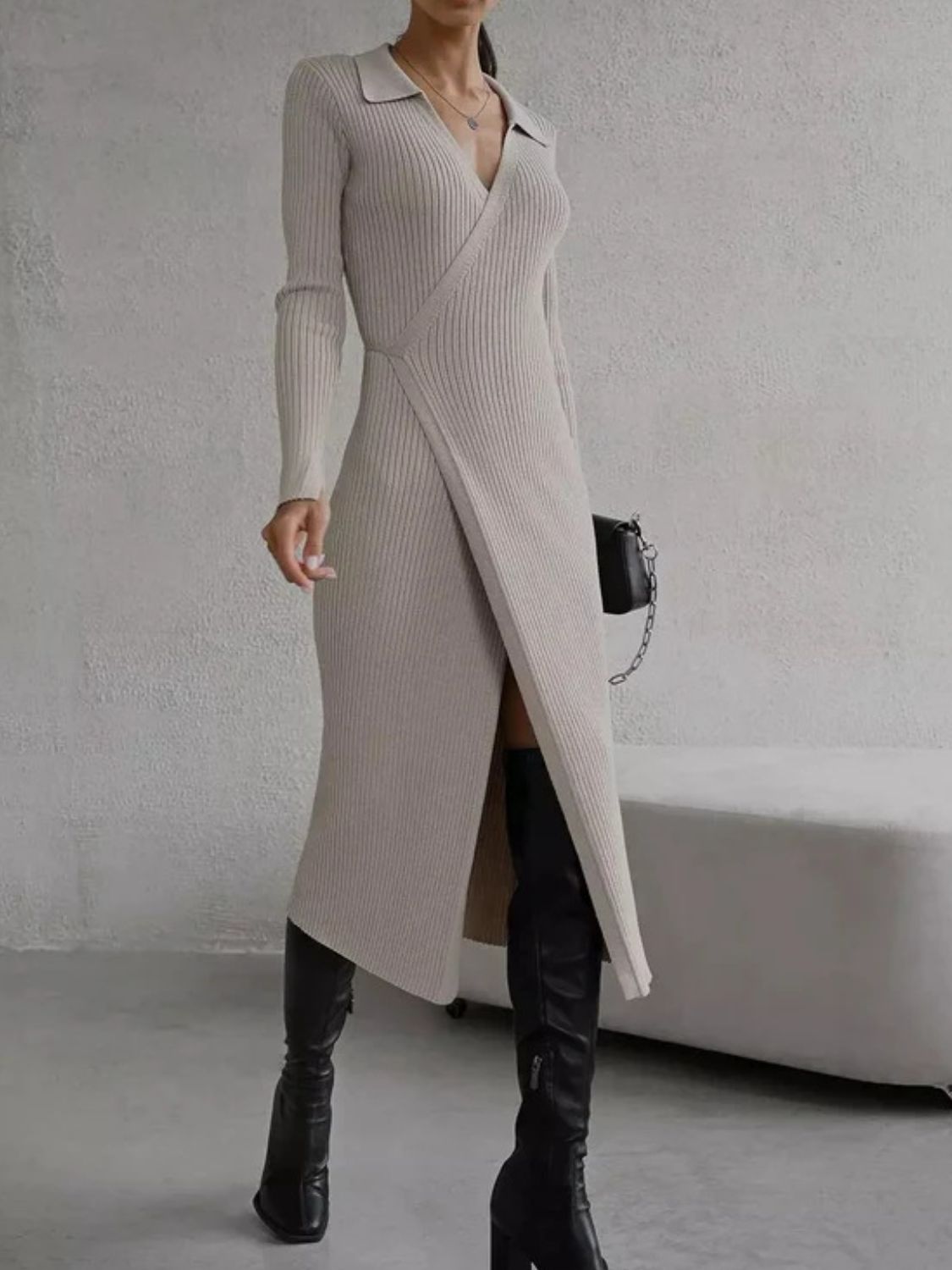 Maya Tied Collared Neck Long Sleeve Sweater Dress | 3 Colors