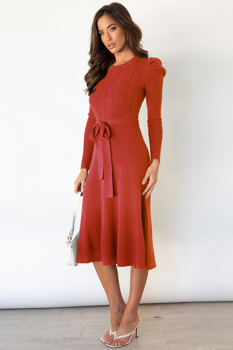 Daniela Round Neck Long Sleeve Tie Waist Sweater Dress | 5 Colors