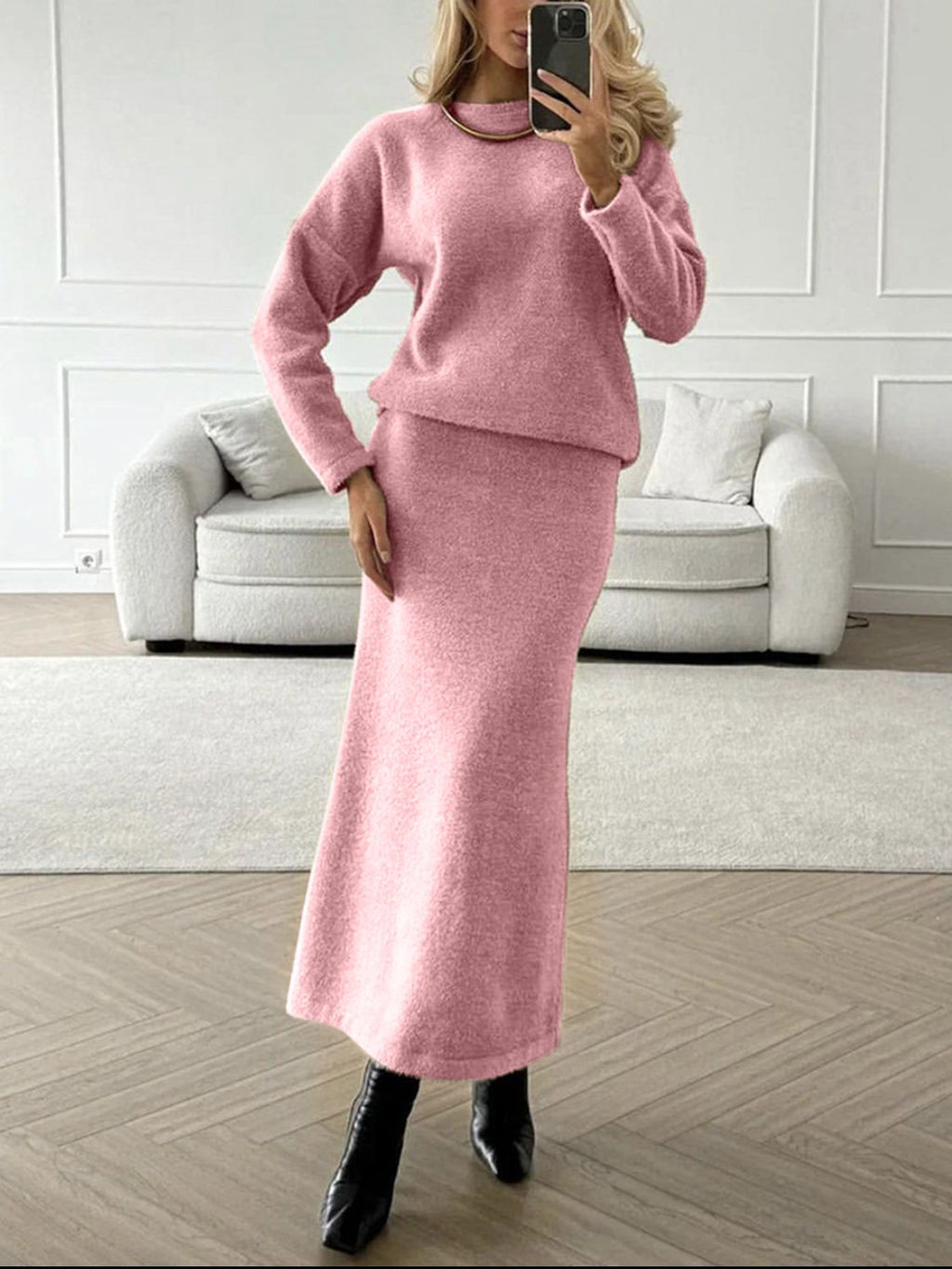 Mia Round Neck Dropped Shoulder Top and Midi Skirt Knit Set | 5 Colors
