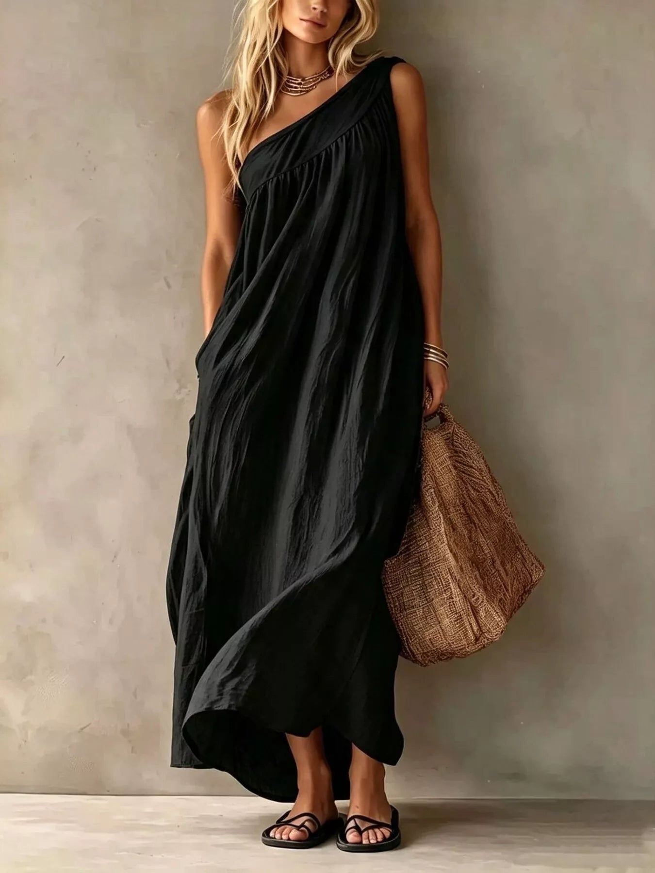 Delphine One-Shoulder Maxi Dress in Black by Pinup Girl Clothing