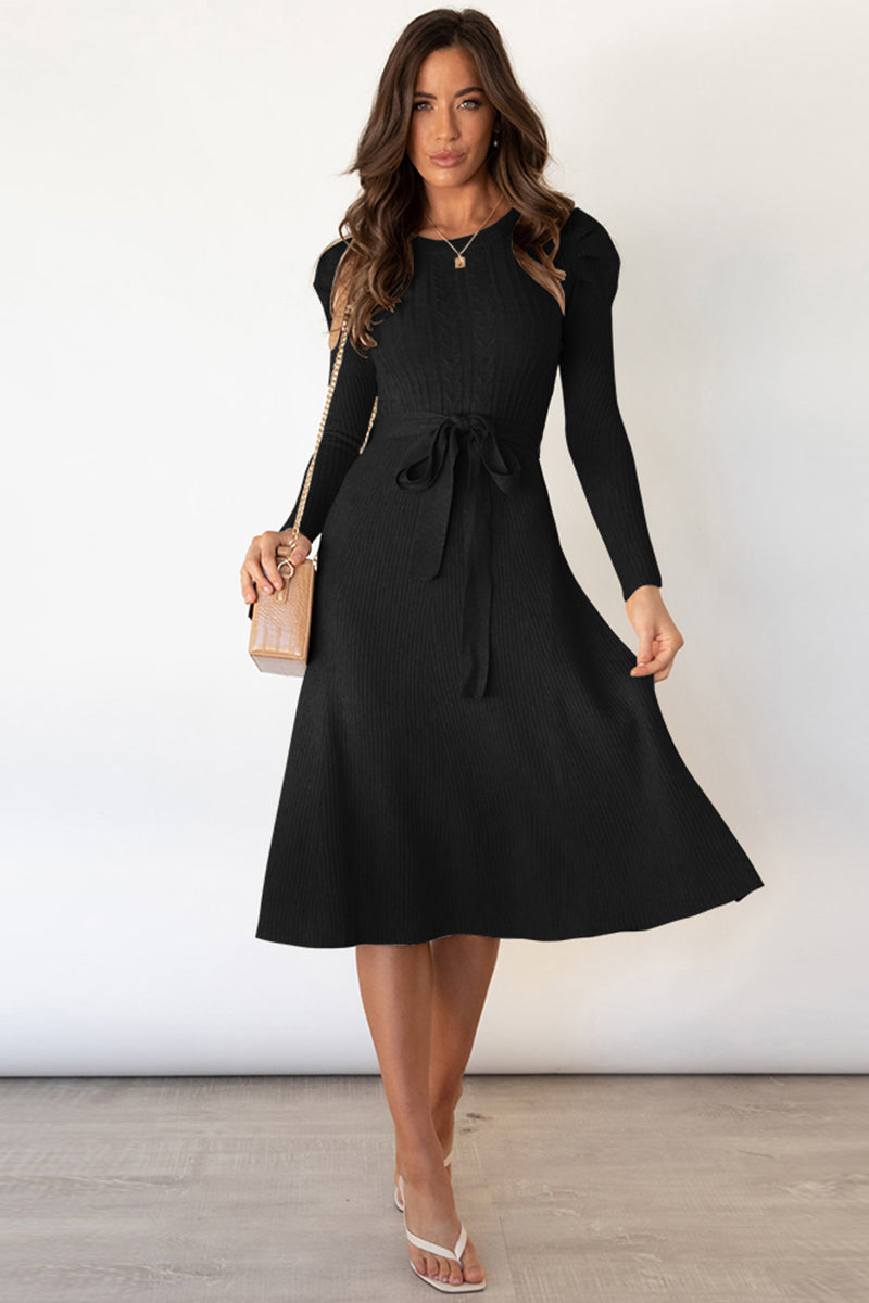 Daniela Round Neck Long Sleeve Tie Waist Sweater Dress | 5 Colors