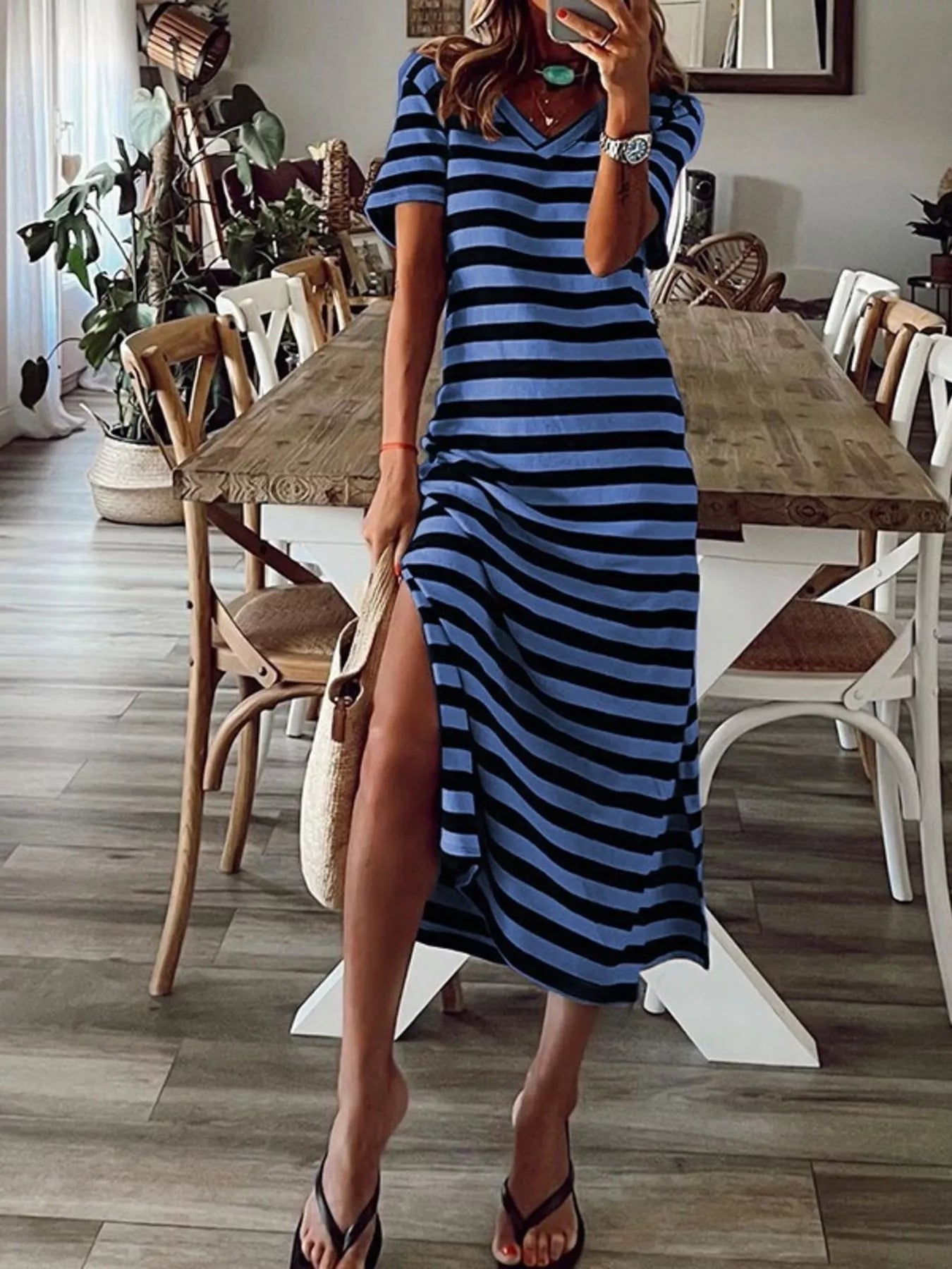 Vivian Striped V-Neck Midi Dress in Blue by Pinup Girl Clothing