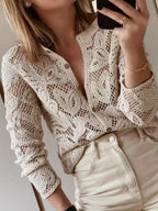 Kiara crochet button-up shirt in apricot by Pinup Girl Clothing