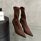 Siren pointed toe stretch sock boots in coffee brown, side view