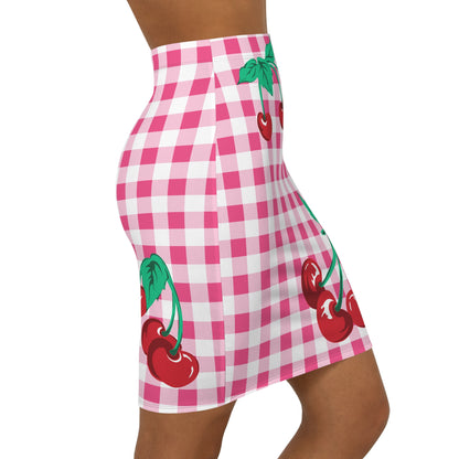 Women's 1990s Fitted Mini Skirt in Pink Gingham Vintage Cherries Print