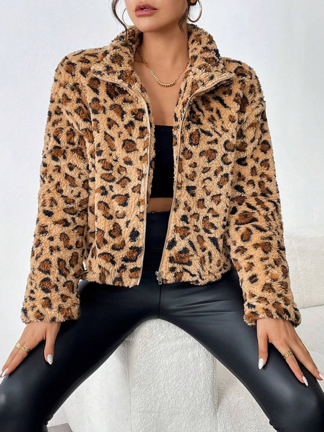 Adriana Fuzzy Leopard Zip Up Jacket