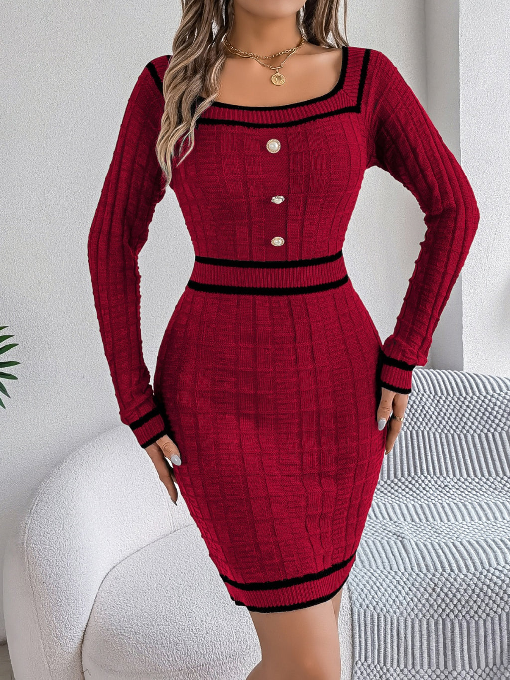 Grace Contrast Trim Long Sleeve Sweater Dress | 4 Colors