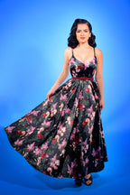 Amalie Ballerina daytime maxi gown in the Dark Bella Roses floral print, back view