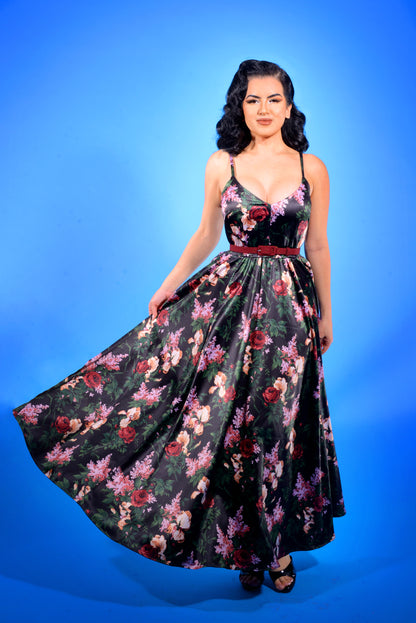 Amalie Ballerina daytime maxi gown in the Dark Bella Roses floral print, back view