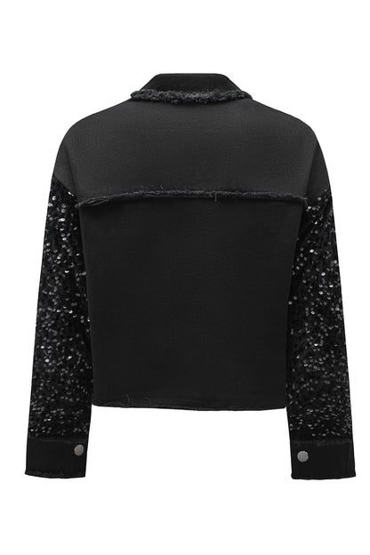 Rare Tour Raw Hem Denim Jacket with Black Sequin Sleeves