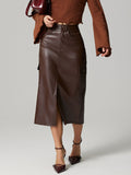 Lily slit midi skirt with pockets in dark brown by Pinup Girl Clothing.