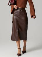 Lily slit midi skirt with pockets in dark brown by Pinup Girl Clothing.