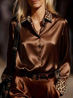 Leopard Luxe vintage blouse in brown by Pinup Girl Clothing.