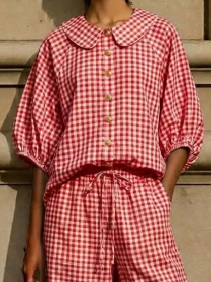Full length view of the Bettina gingham blouse and pants set, by Pinup Girl Clothing