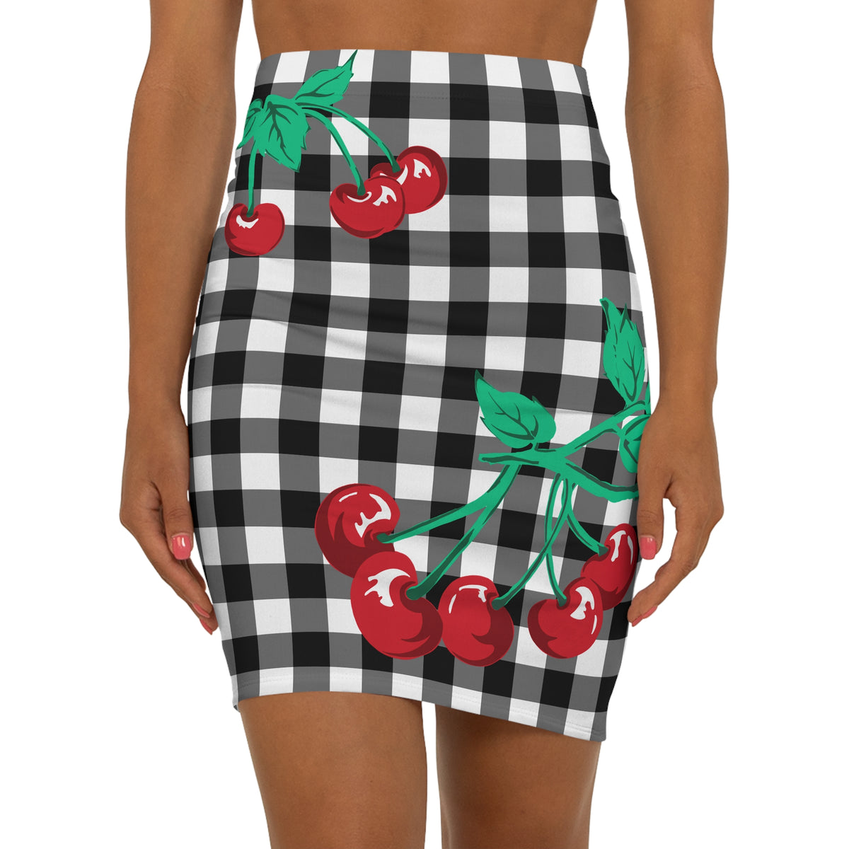 Women's 1990s Fitted Mini Skirt  in Black Gingham Vintage Cherries Print