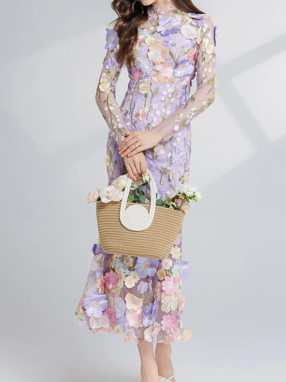 Floral embroidered mesh maxi dress with long sleeves, by Pinup Girl Clothing, sizes XS to 4X.