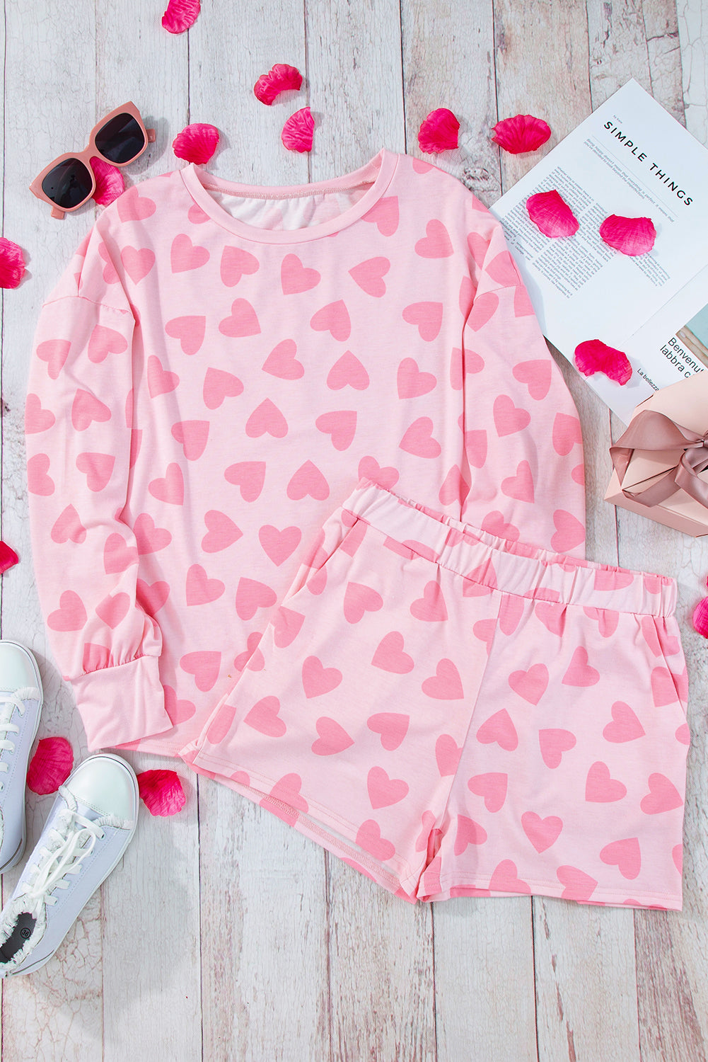 Isabella Heart Print Long Sleeve Top and Shorts Lounge Set | 2 Colors