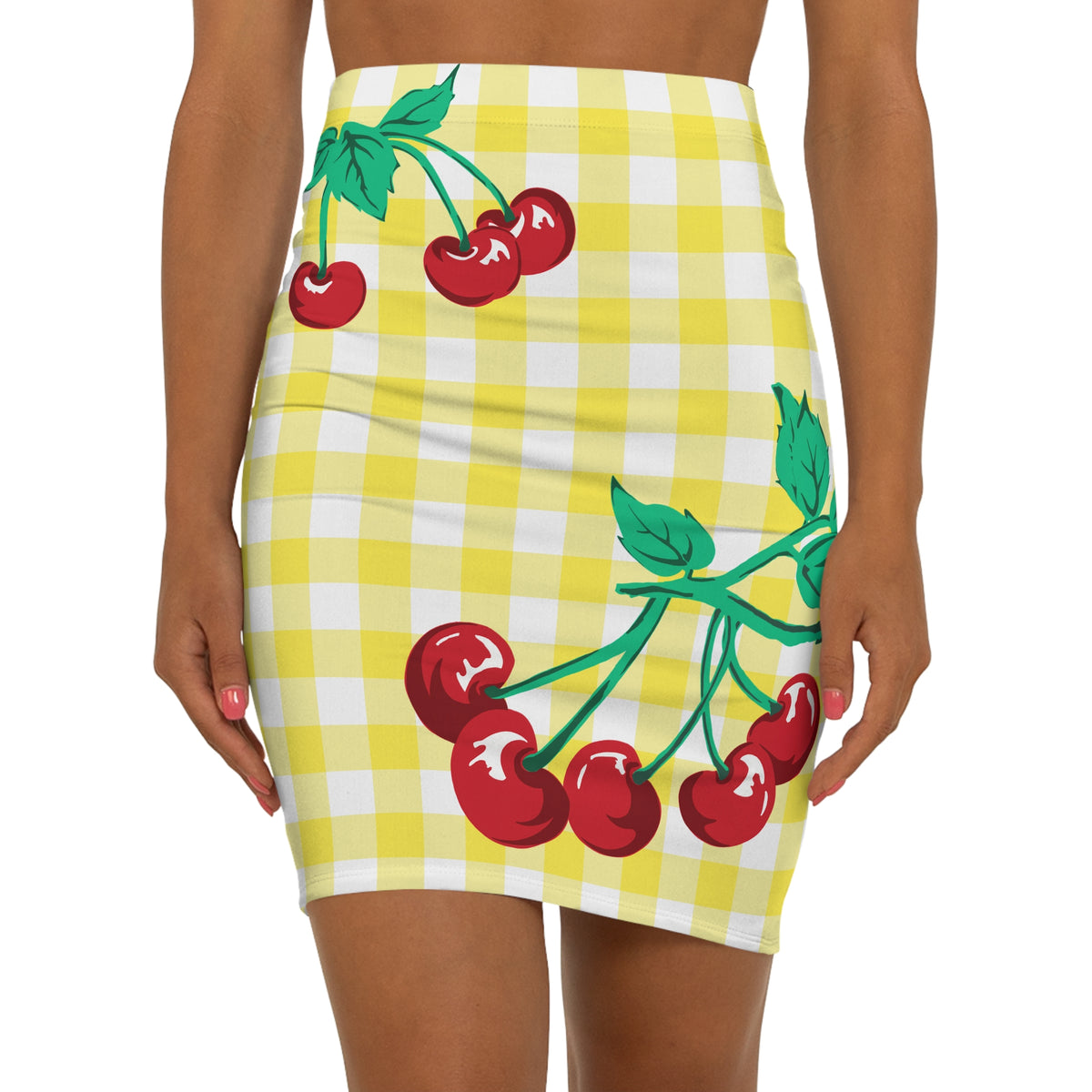Women's 1990s Fitted Mini Skirt  in Yellow Gingham Vintage Cherries Print