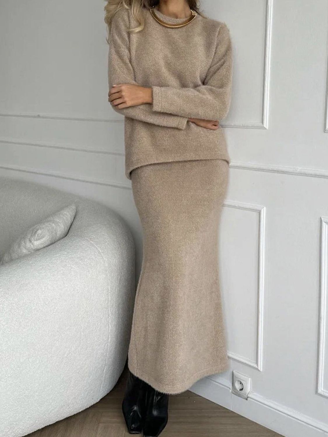 Mia Round Neck Dropped Shoulder Top and Midi Skirt Knit Set | 5 Colors