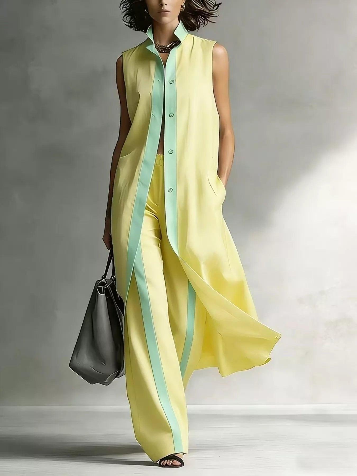 Colette Longline Vest and Wide-Leg Pants Set in Yellow by Pinup Girl Clothing