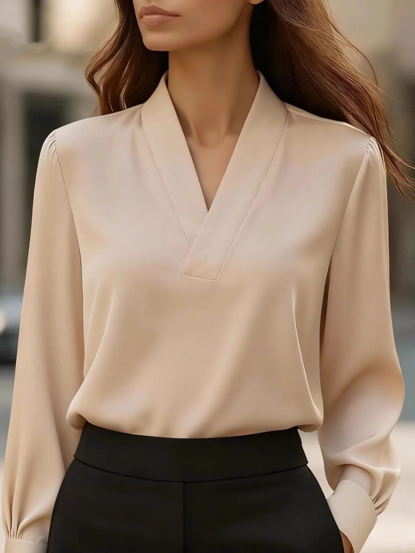 Vintage Noir V-neck satin blouse in khaki by Pinup Girl Clothing.