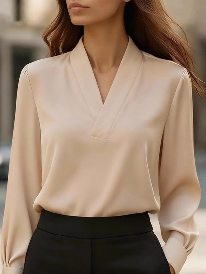 Vintage Noir V-neck satin blouse in khaki by Pinup Girl Clothing.