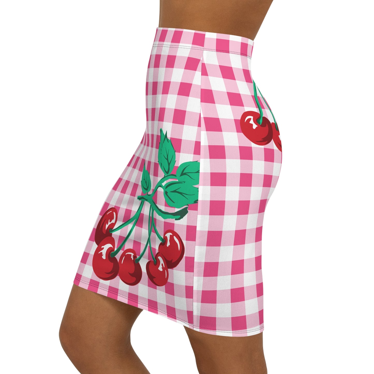 Women's 1990s Fitted Mini Skirt in Pink Gingham Vintage Cherries Print