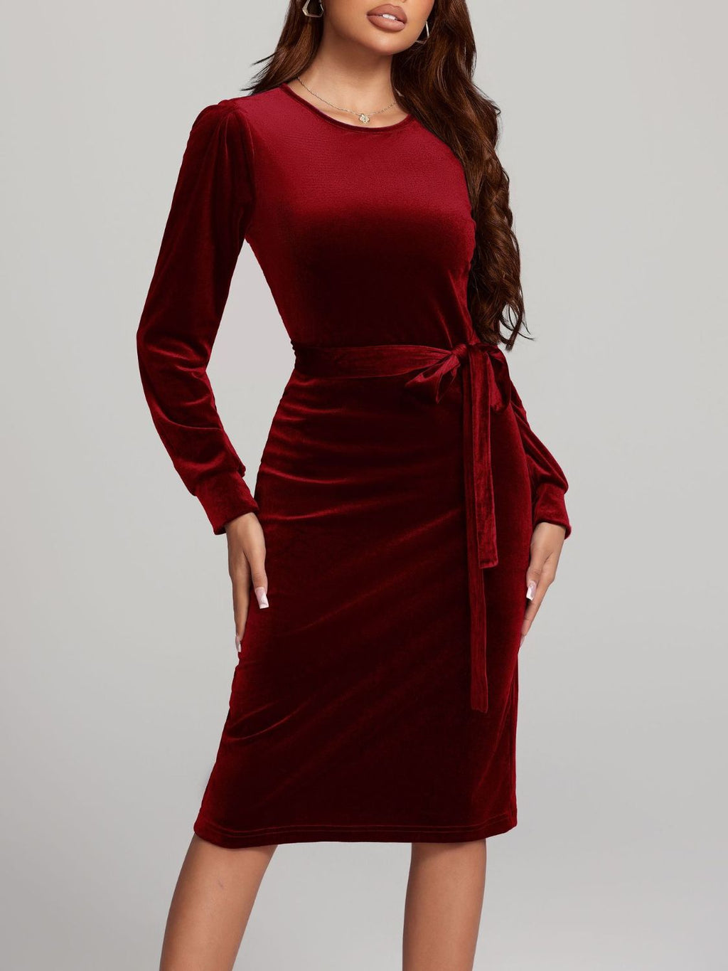 Round Neck Tie Waist Long Sleeve Velvet Dress | 4 Colors | Poundton