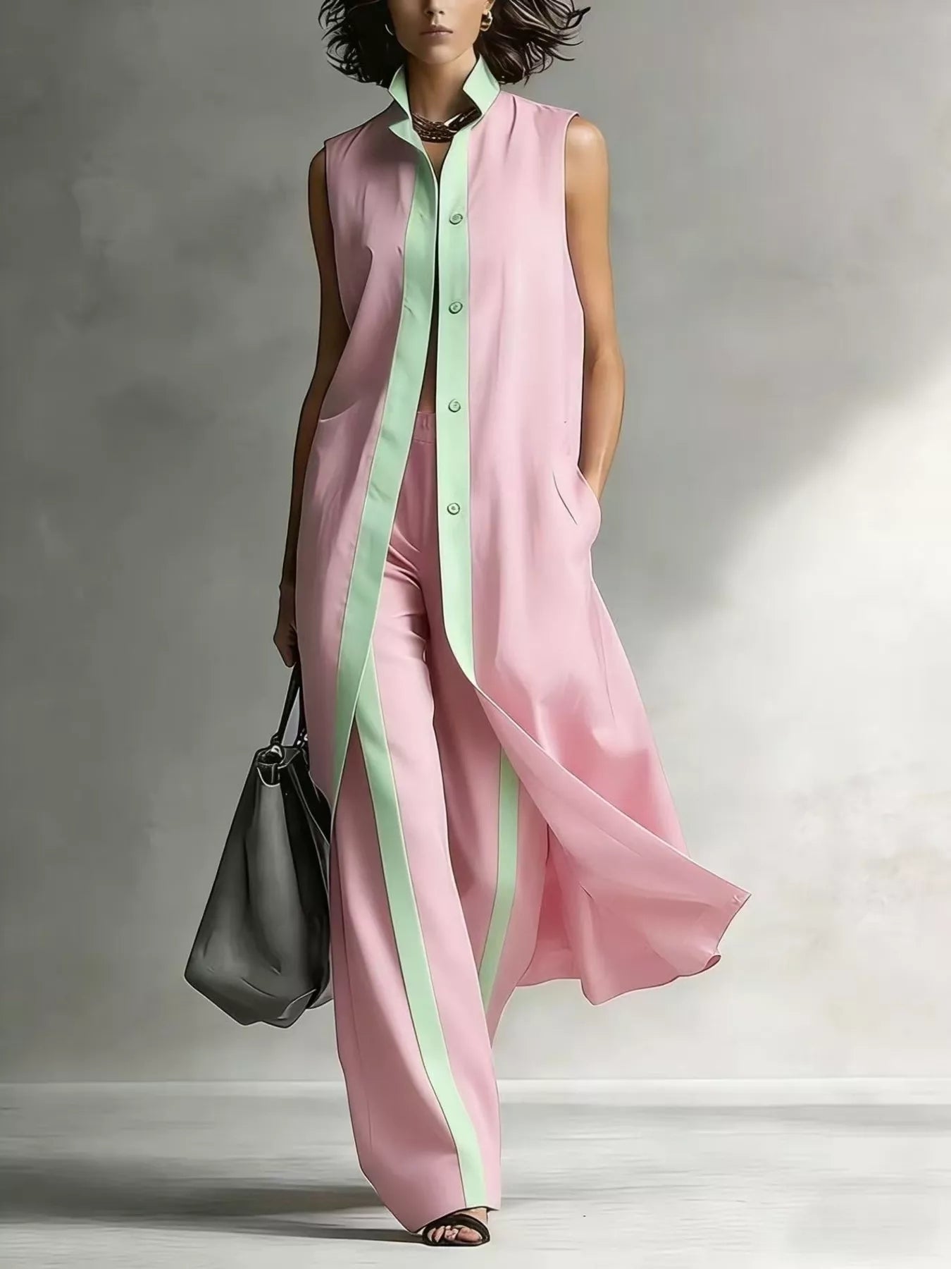 Colette Longline Vest and Wide-Leg Pants Set in Pink by Pinup Girl Clothing
