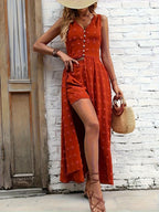 70s maxi romper dress for sunset dinners, by Pinup Girl Clothing, sizes XS to 4X.