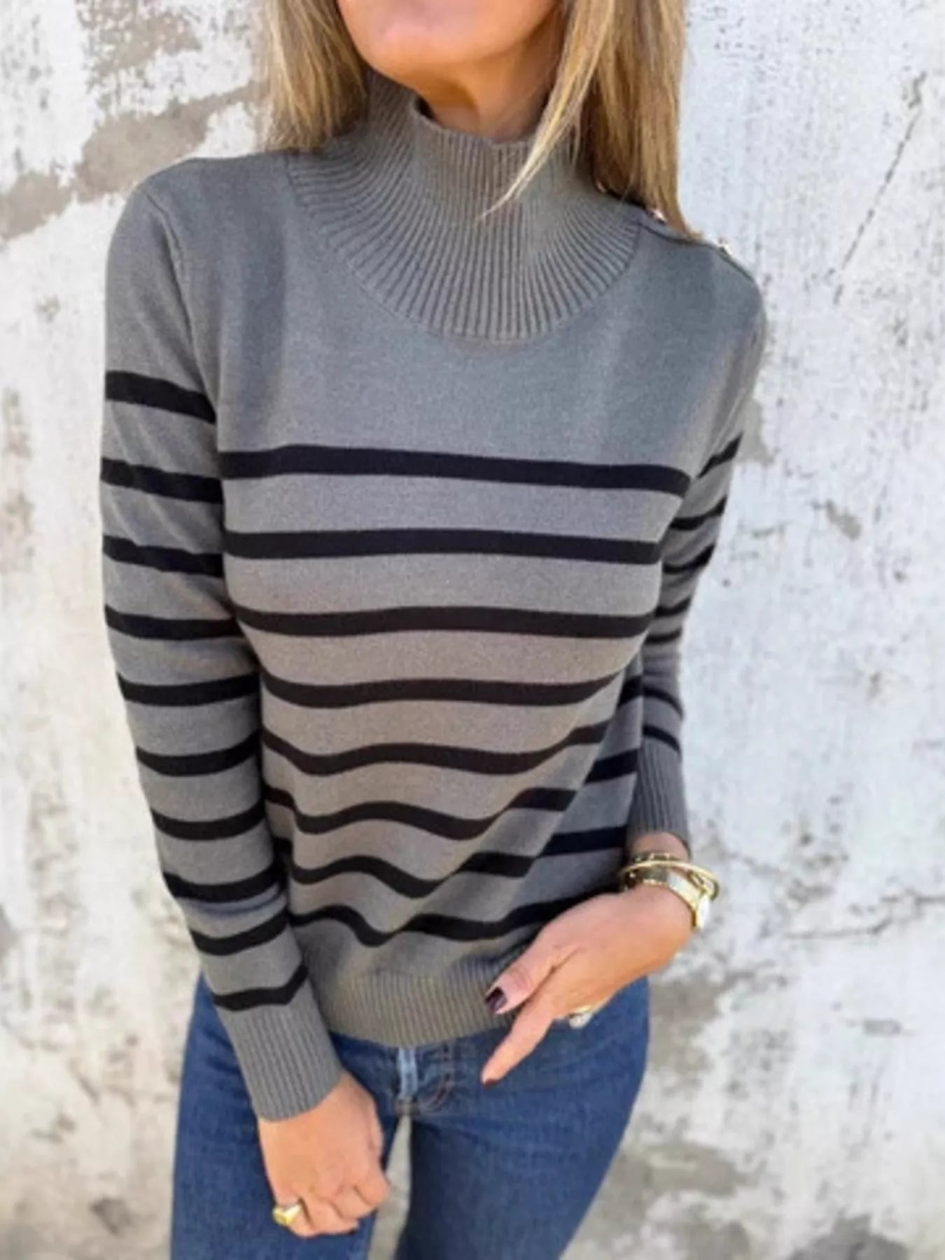Marquee stripe button-detail turtleneck sweater in gray by Pinup Girl Clothing