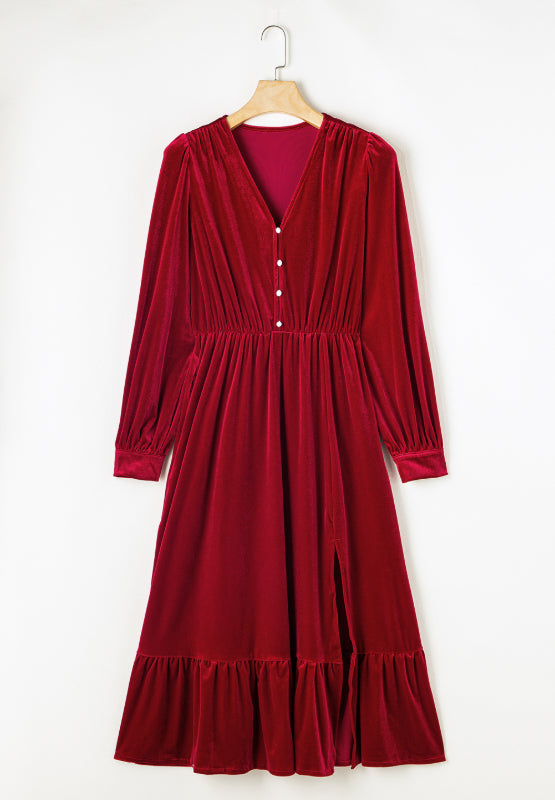 Ruffle Hem Slit V-Neck Long Sleeve Dress | 2 colors | Poundton