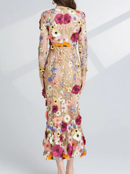 Floral embroidered mesh maxi dress with long sleeves, by Pinup Girl Clothing, sizes XS to 4X.