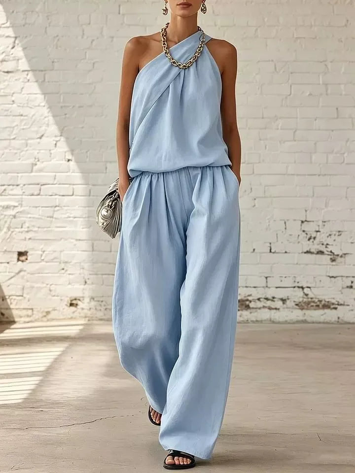 Vivienne Sleeveless Top and Wide-Leg Pants Set in Sky Blue by Pinup Girl Clothing