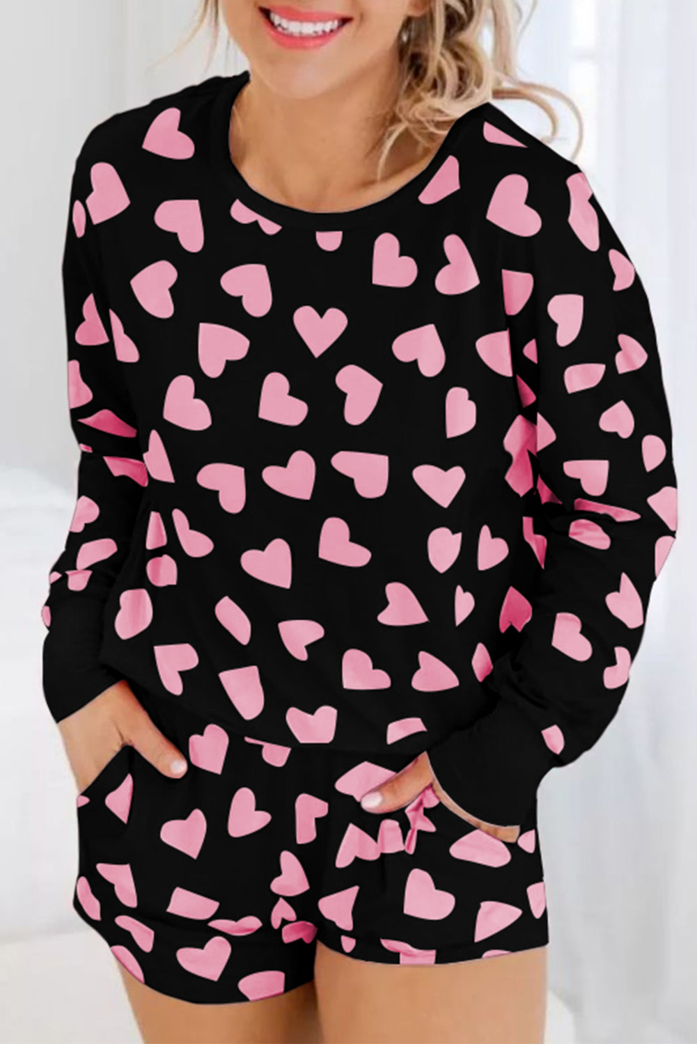 Isabella Heart Print Long Sleeve Top and Shorts Lounge Set | 2 Colors