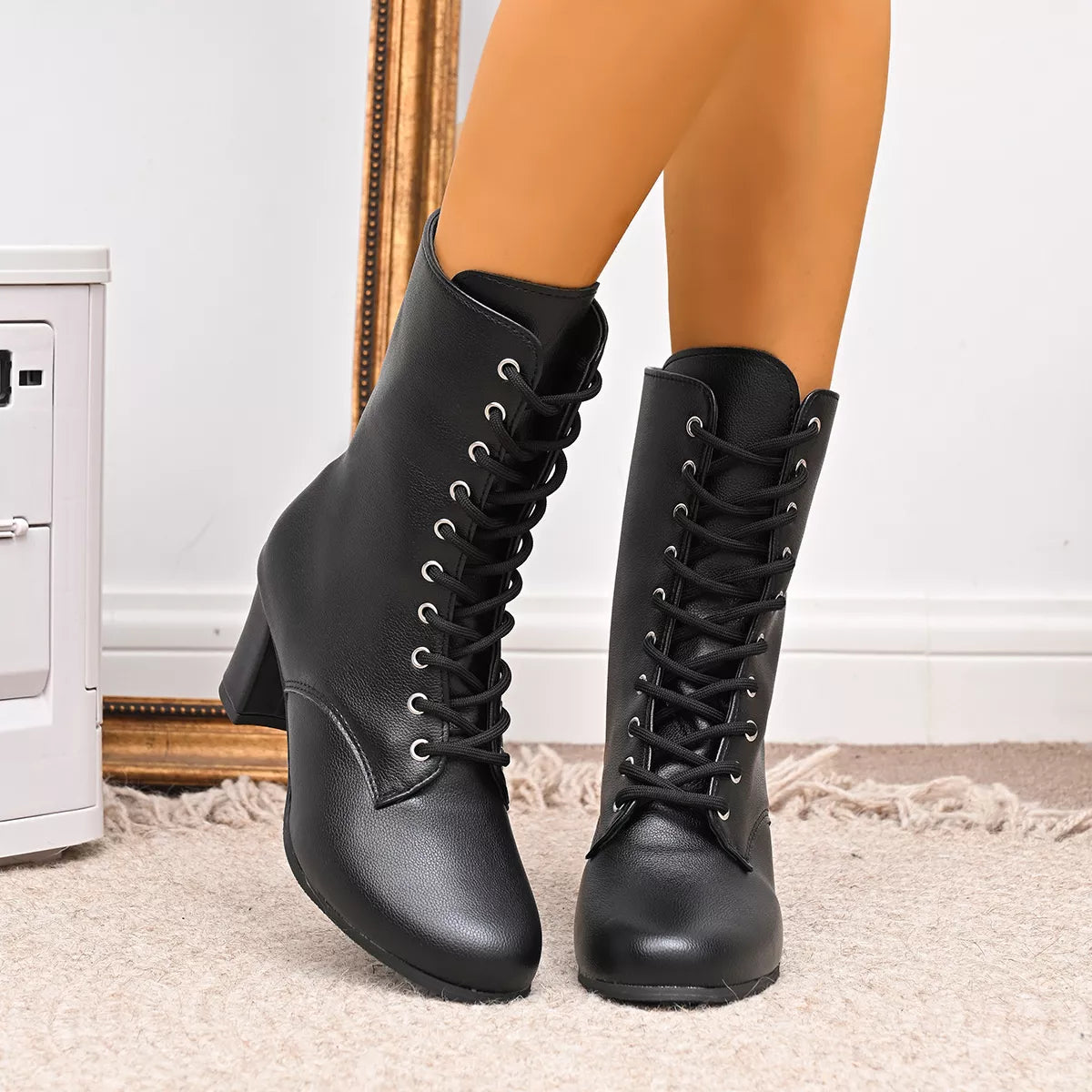Victoria lace-up block heel granny boots in black