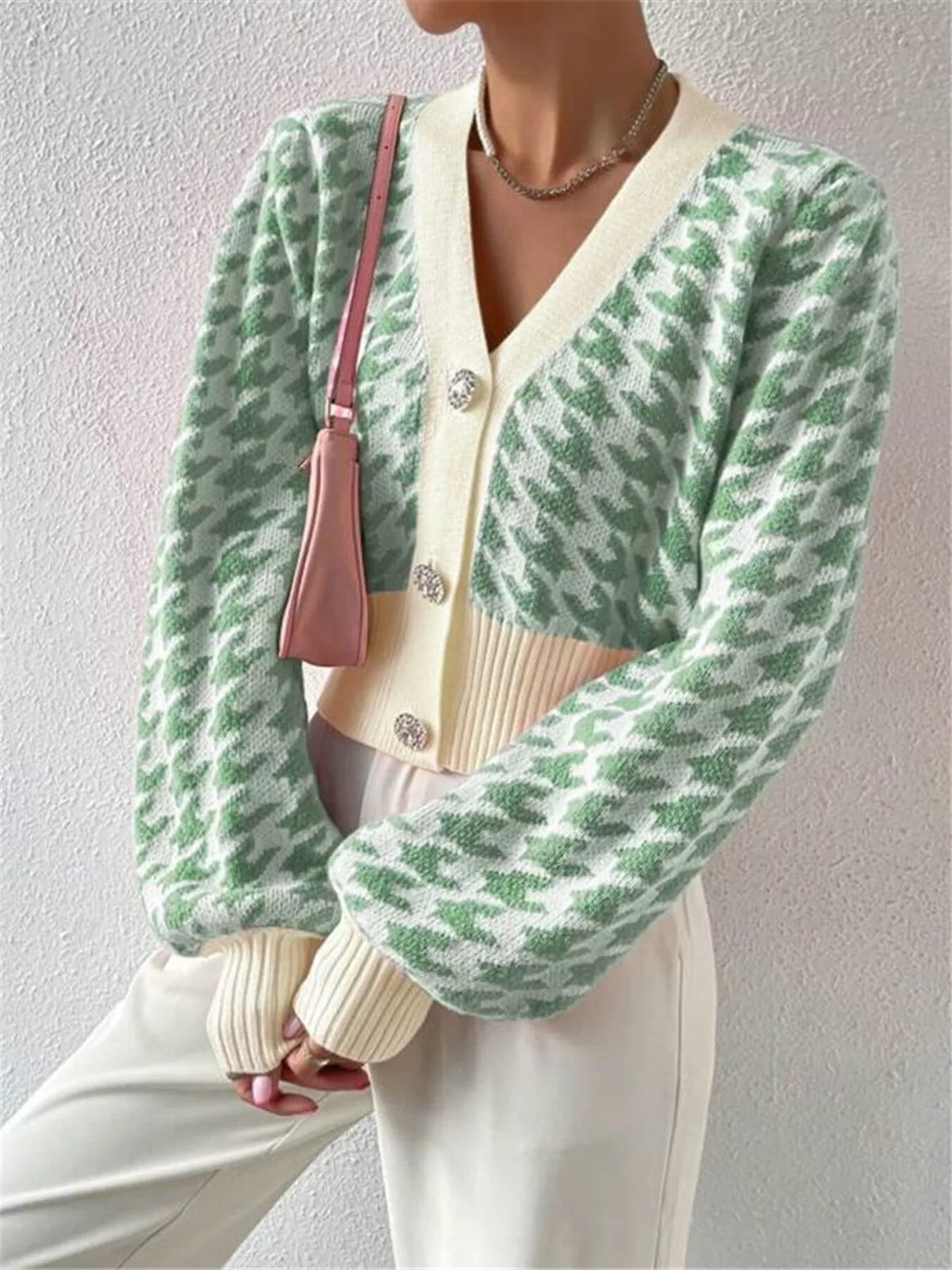 Houndstooth V-neck button cardigan in gum leaf green by Pinup Girl Clothing