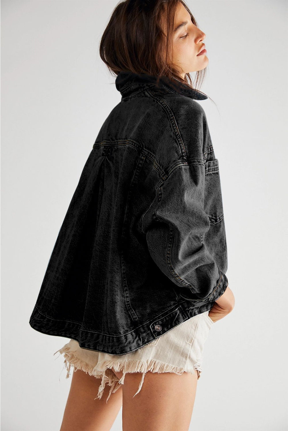 Down By The River oversized black denim jacket, front view