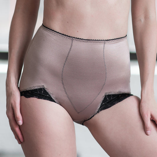 Lace V-leg shaping panty by Pinup Girl Clothing in mocha and black.