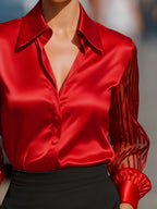 The Scarlet Siren sheer-sleeve collared blouse by Pinup Girl Clothing, sizes XS to 4X.