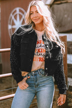 Rare Tour Sequin Sleeve Raw Hem Denim Jacket